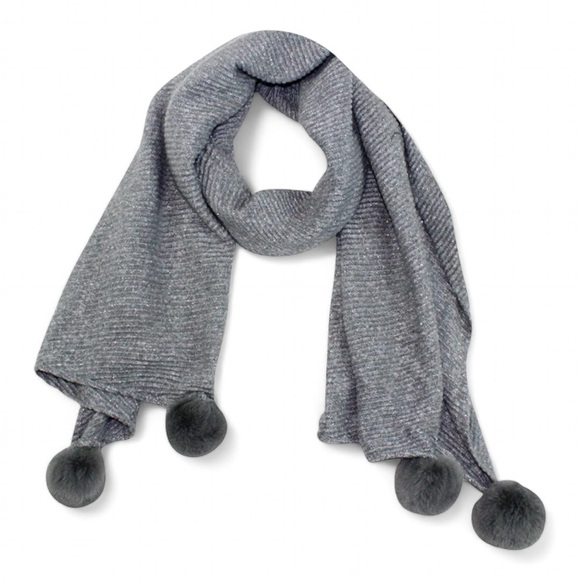 Michael Stars Party Poms Wrap Scarf - Grey Shimmer - Brand New - Picture 1 of 7